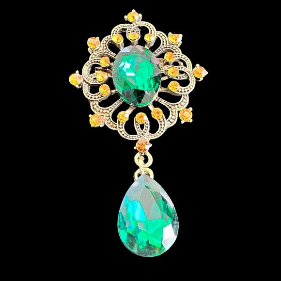 Retro Style Dangle teardrop Brooch Emerald Green Orange Crystal Rhinestones Pin - Picture 2 of 6